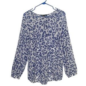 COMO BLACK WOMENS BLUE AND WHITE SHEAR LONG SLEEVE ANIMAL PRINT BLOUSE LARGE